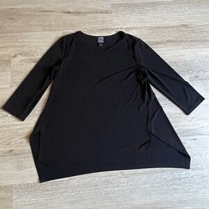 Clara Sun Woo Tunic Blouse Large Black Pullover V-Neck Shawl Collar Side Vent